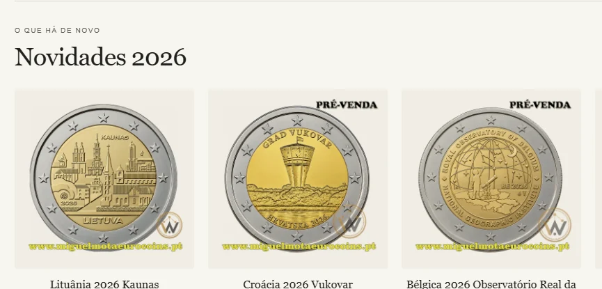 Pré-visualização da página de novidades da Miguel Mota Euro Coins
