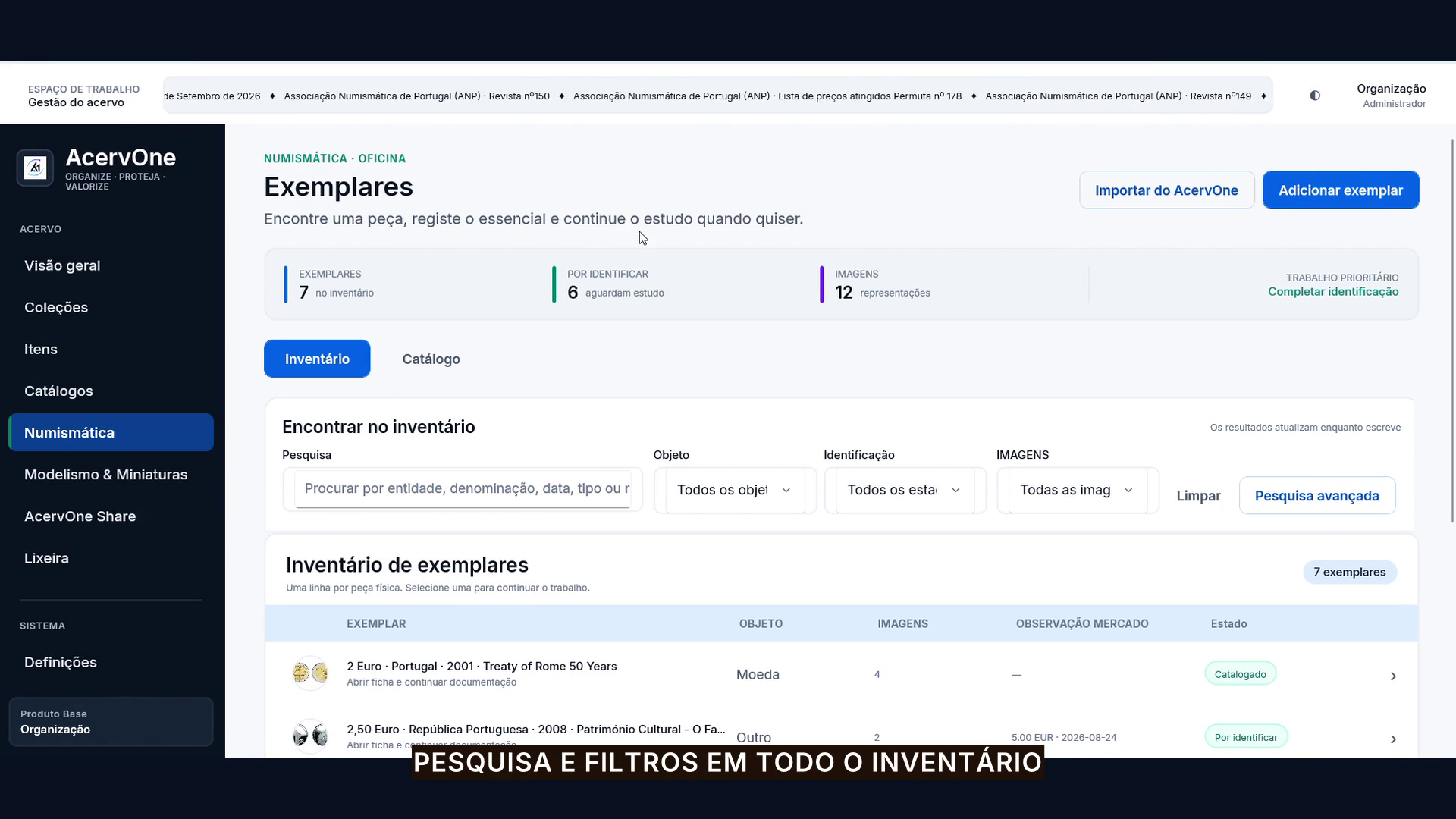 Inventário numismático atual do AcervOne com pesquisa e filtros