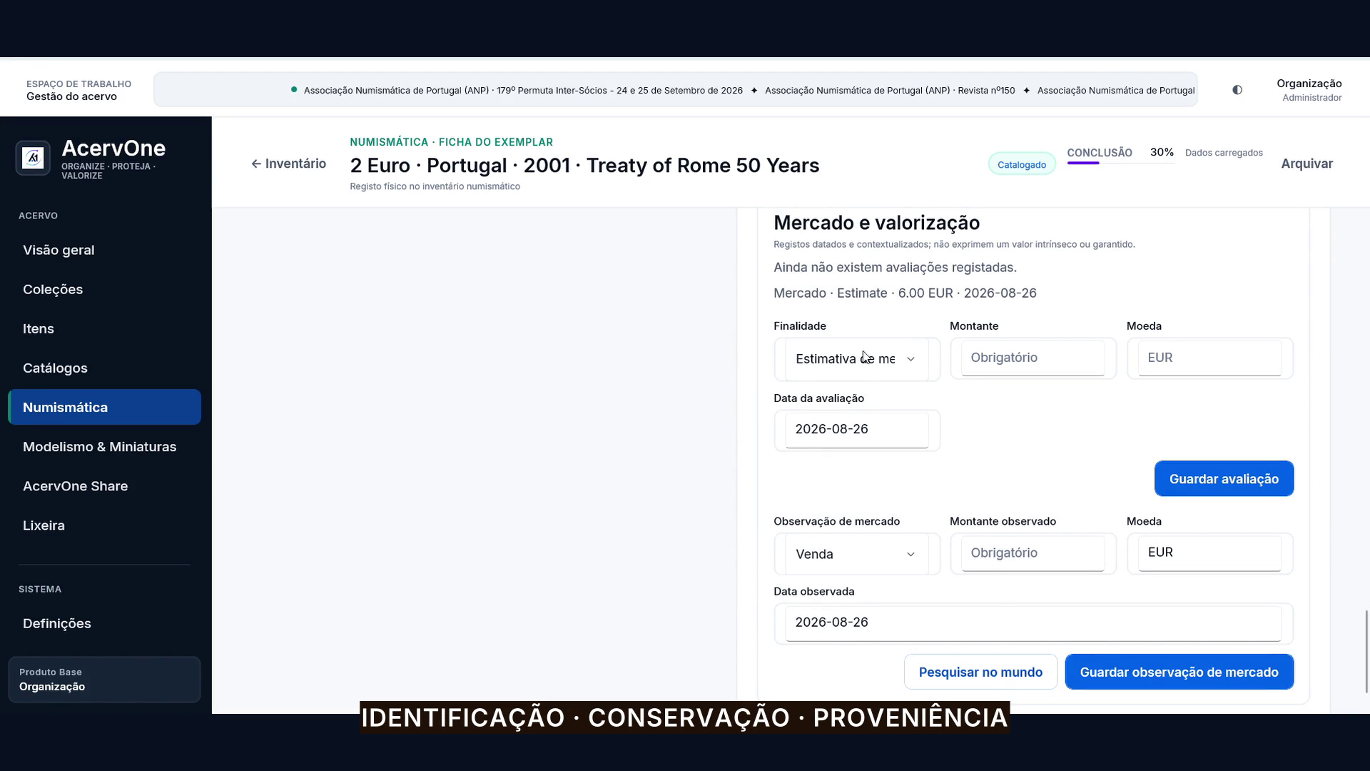 Ficha atual do AcervOne com mercado e valorização